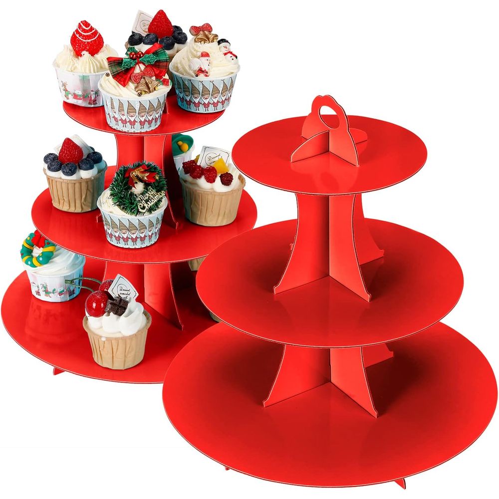 Cupcake Stand Tier - 3-Tier Red Cupcake Stand, Disposable Dessert