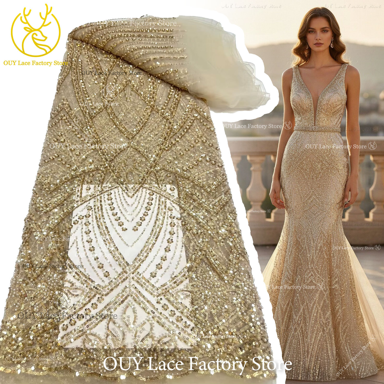African Gold Beaded Lace Fabri - Glitter Tablecloth review and price